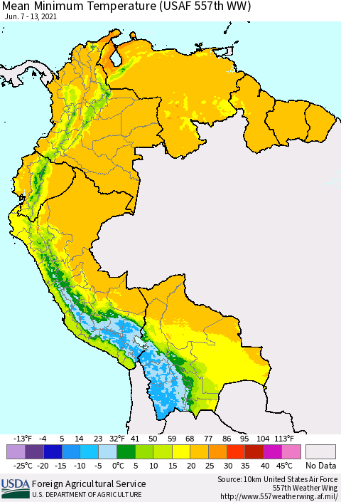Northern South America Mean Minimum Temperature (USAF 557th WW) Thematic Map For 6/7/2021 - 6/13/2021