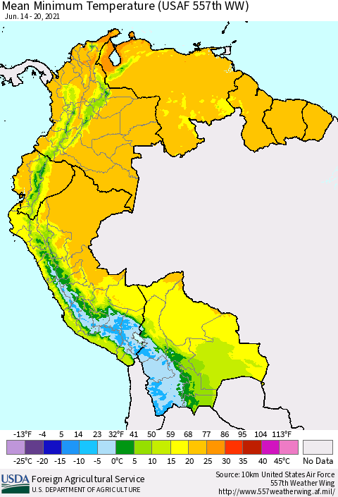 Northern South America Mean Minimum Temperature (USAF 557th WW) Thematic Map For 6/14/2021 - 6/20/2021