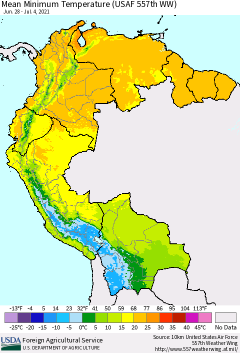 Northern South America Mean Minimum Temperature (USAF 557th WW) Thematic Map For 6/28/2021 - 7/4/2021