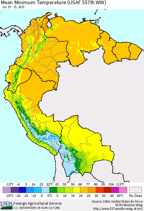 Northern South America Mean Minimum Temperature (USAF 557th WW) Thematic Map For 7/19/2021 - 7/25/2021