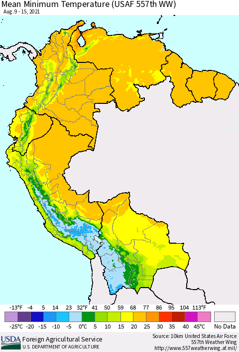 Northern South America Mean Minimum Temperature (USAF 557th WW) Thematic Map For 8/9/2021 - 8/15/2021