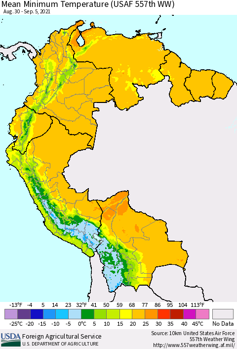Northern South America Mean Minimum Temperature (USAF 557th WW) Thematic Map For 8/30/2021 - 9/5/2021