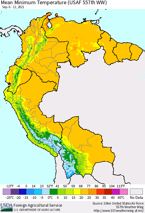 Northern South America Mean Minimum Temperature (USAF 557th WW) Thematic Map For 9/6/2021 - 9/12/2021