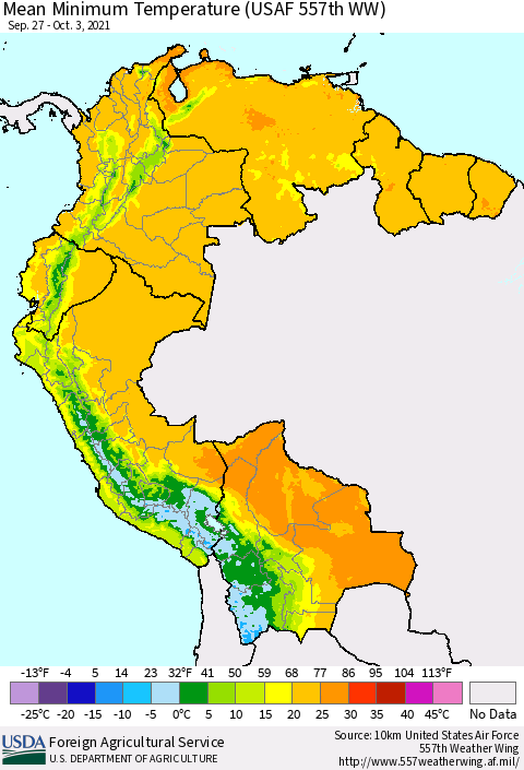 Northern South America Mean Minimum Temperature (USAF 557th WW) Thematic Map For 9/27/2021 - 10/3/2021