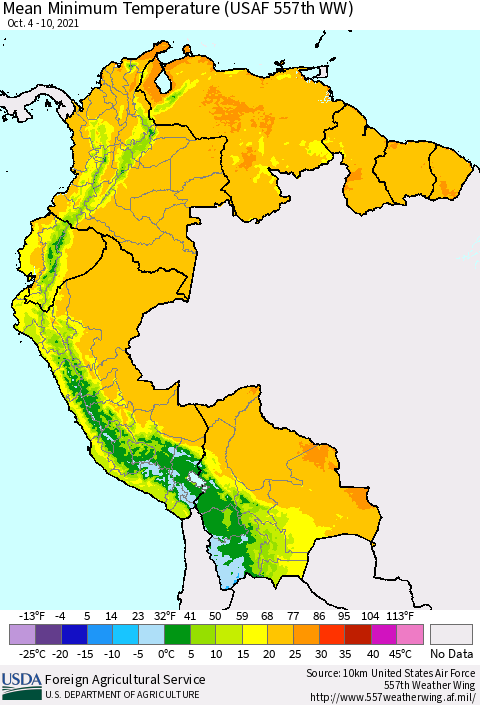 Northern South America Mean Minimum Temperature (USAF 557th WW) Thematic Map For 10/4/2021 - 10/10/2021