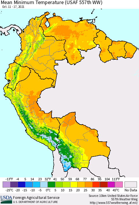 Northern South America Mean Minimum Temperature (USAF 557th WW) Thematic Map For 10/11/2021 - 10/17/2021