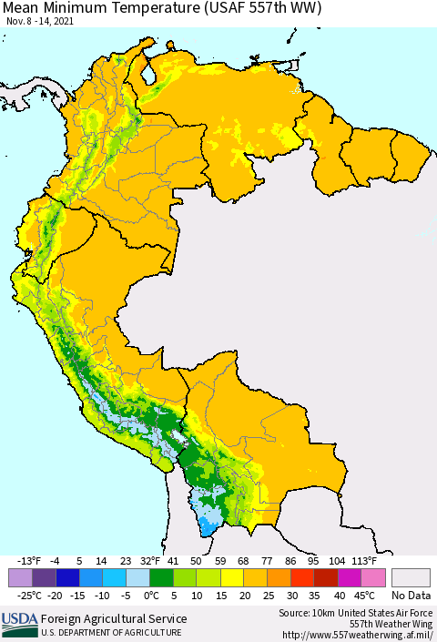 Northern South America Minimum Temperature (USAF 557th WW) Thematic Map For 11/8/2021 - 11/14/2021