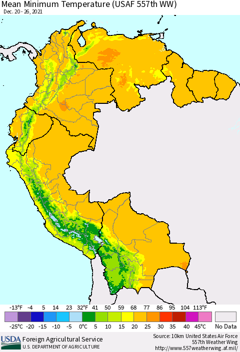 Northern South America Minimum Temperature (USAF 557th WW) Thematic Map For 12/20/2021 - 12/26/2021