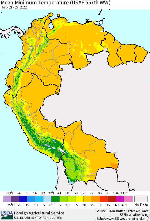 Northern South America Mean Minimum Temperature (USAF 557th WW) Thematic Map For 2/21/2022 - 2/27/2022