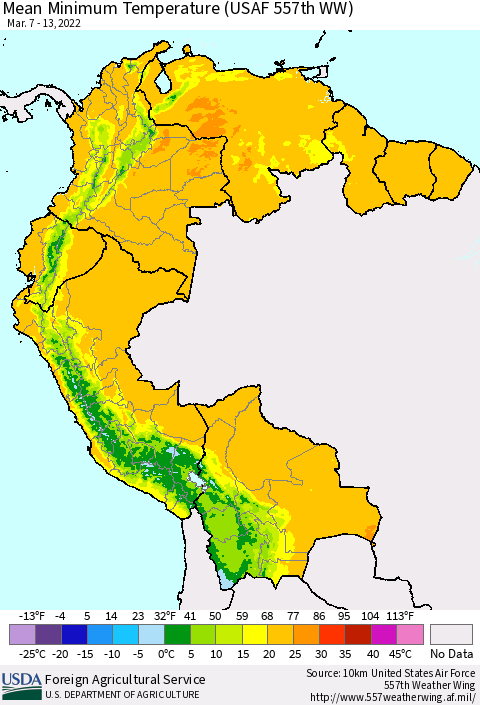 Northern South America Minimum Temperature (USAF 557th WW) Thematic Map For 3/7/2022 - 3/13/2022