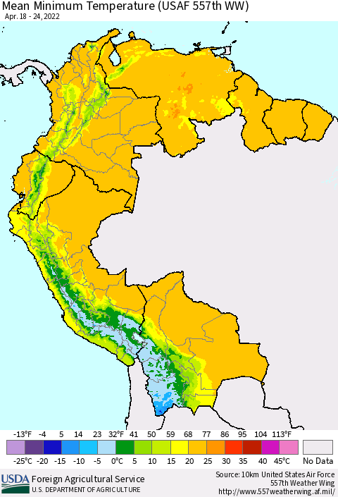 Northern South America Mean Minimum Temperature (USAF 557th WW) Thematic Map For 4/18/2022 - 4/24/2022