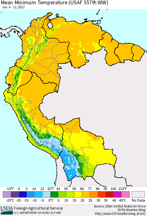 Northern South America Minimum Temperature (USAF 557th WW) Thematic Map For 6/6/2022 - 6/12/2022