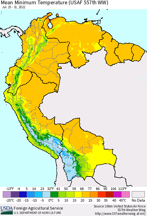 Northern South America Mean Minimum Temperature (USAF 557th WW) Thematic Map For 7/25/2022 - 7/31/2022