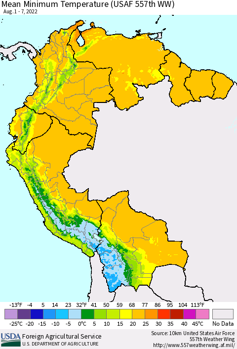 Northern South America Mean Minimum Temperature (USAF 557th WW) Thematic Map For 8/1/2022 - 8/7/2022