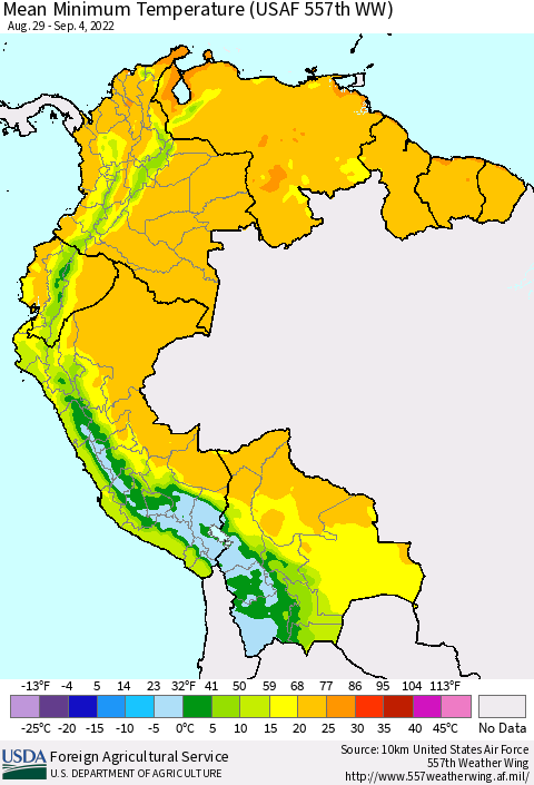 Northern South America Mean Minimum Temperature (USAF 557th WW) Thematic Map For 8/29/2022 - 9/4/2022