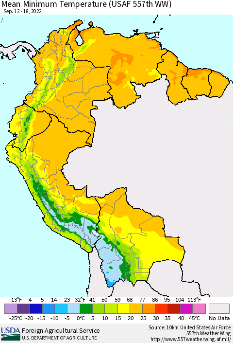 Northern South America Mean Minimum Temperature (USAF 557th WW) Thematic Map For 9/12/2022 - 9/18/2022