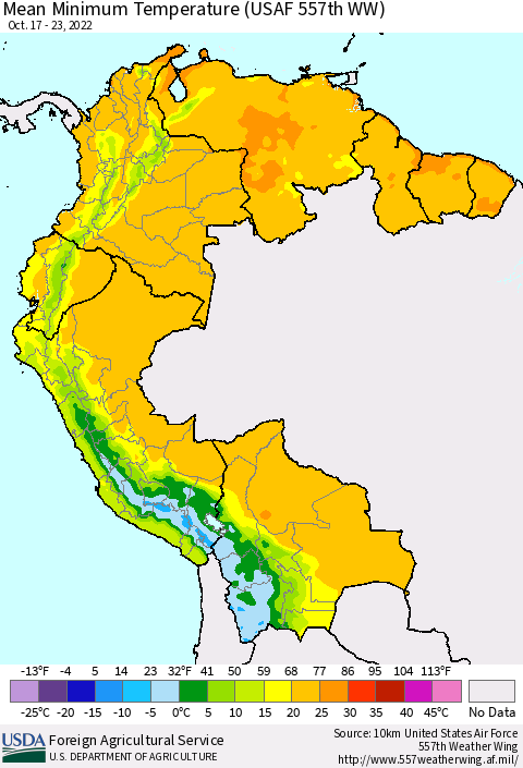 Northern South America Mean Minimum Temperature (USAF 557th WW) Thematic Map For 10/17/2022 - 10/23/2022