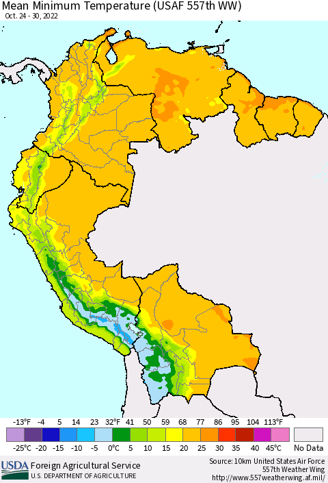 Northern South America Mean Minimum Temperature (USAF 557th WW) Thematic Map For 10/24/2022 - 10/30/2022