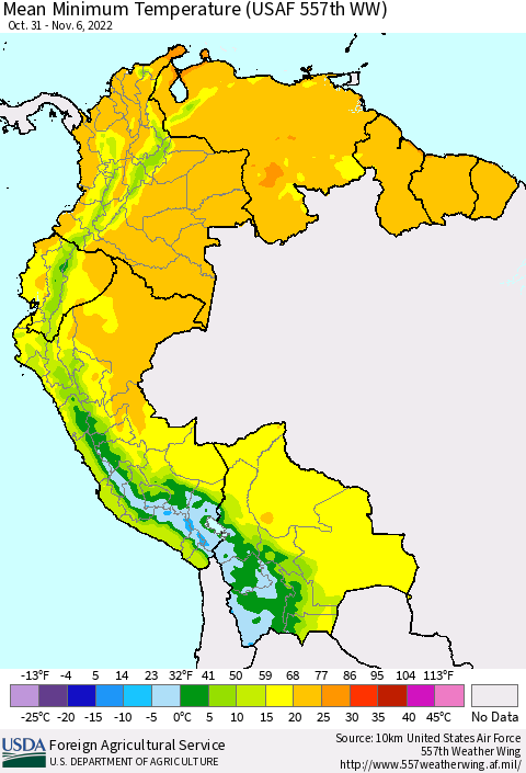 Northern South America Mean Minimum Temperature (USAF 557th WW) Thematic Map For 10/31/2022 - 11/6/2022
