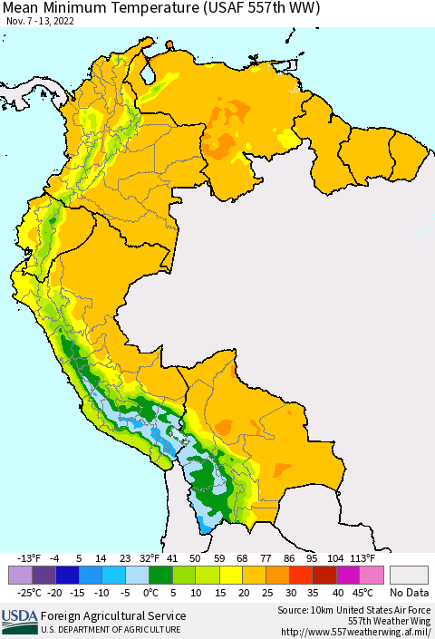 Northern South America Mean Minimum Temperature (USAF 557th WW) Thematic Map For 11/7/2022 - 11/13/2022