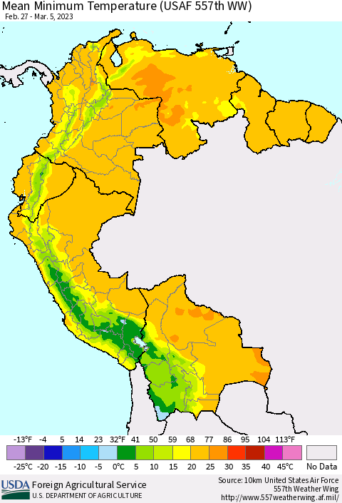 Northern South America Mean Minimum Temperature (USAF 557th WW) Thematic Map For 2/27/2023 - 3/5/2023