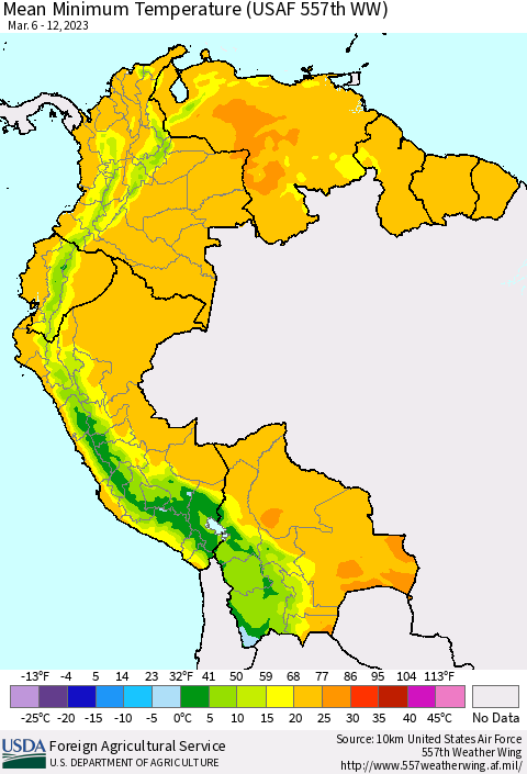 Northern South America Mean Minimum Temperature (USAF 557th WW) Thematic Map For 3/6/2023 - 3/12/2023