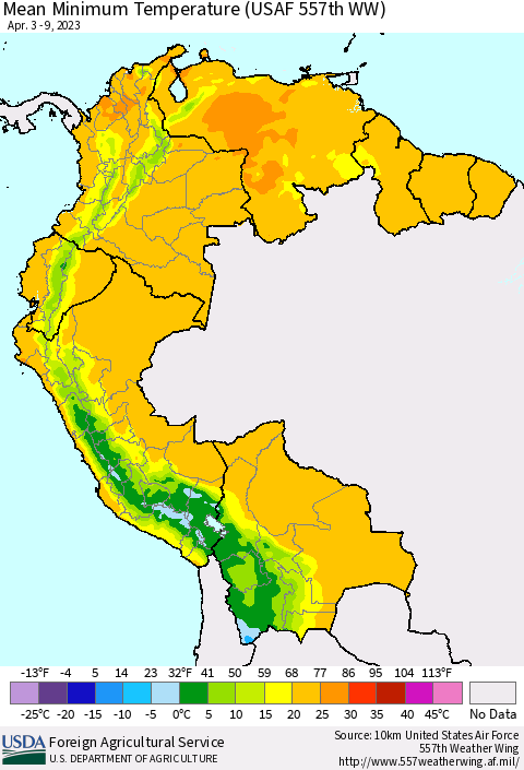Northern South America Mean Minimum Temperature (USAF 557th WW) Thematic Map For 4/3/2023 - 4/9/2023