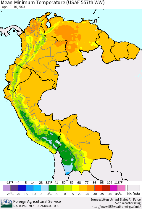 Northern South America Mean Minimum Temperature (USAF 557th WW) Thematic Map For 4/10/2023 - 4/16/2023