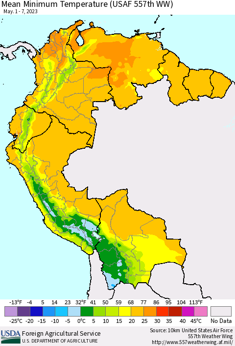 Northern South America Mean Minimum Temperature (USAF 557th WW) Thematic Map For 5/1/2023 - 5/7/2023