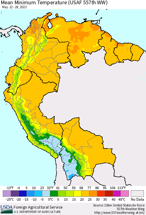 Northern South America Mean Minimum Temperature (USAF 557th WW) Thematic Map For 5/22/2023 - 5/28/2023