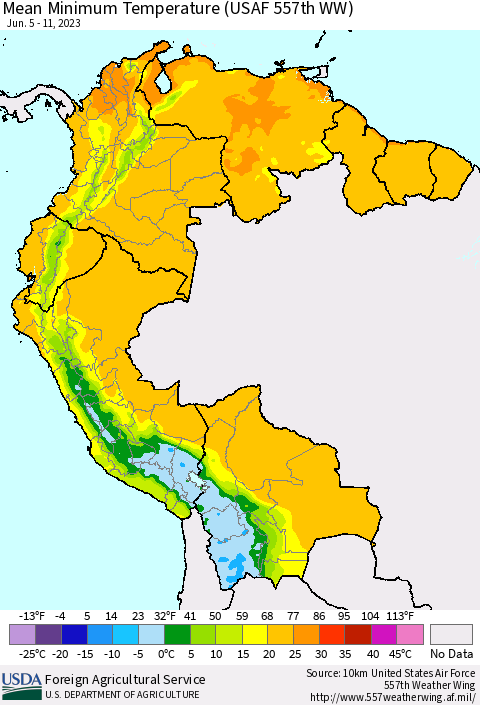 Northern South America Mean Minimum Temperature (USAF 557th WW) Thematic Map For 6/5/2023 - 6/11/2023
