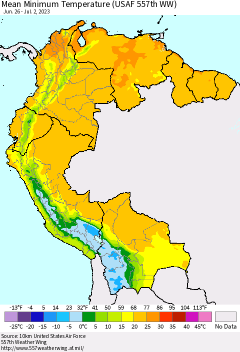 Northern South America Mean Minimum Temperature (USAF 557th WW) Thematic Map For 6/26/2023 - 7/2/2023