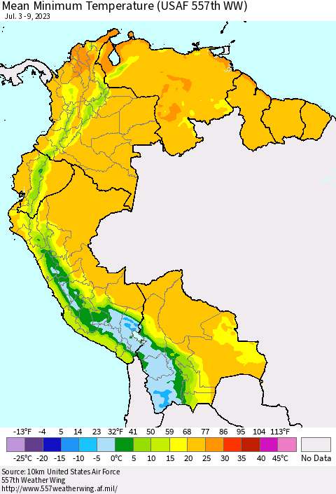 Northern South America Mean Minimum Temperature (USAF 557th WW) Thematic Map For 7/3/2023 - 7/9/2023