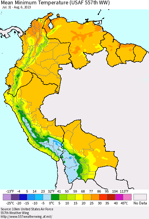 Northern South America Mean Minimum Temperature (USAF 557th WW) Thematic Map For 7/31/2023 - 8/6/2023