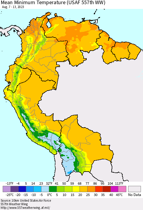 Northern South America Mean Minimum Temperature (USAF 557th WW) Thematic Map For 8/7/2023 - 8/13/2023