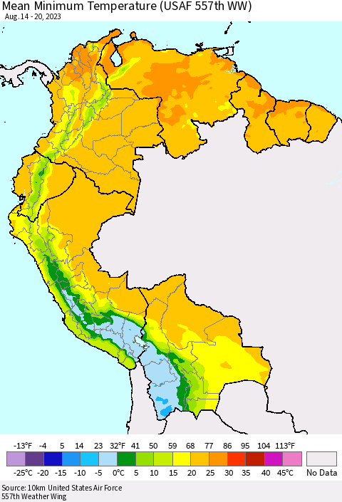 Northern South America Mean Minimum Temperature (USAF 557th WW) Thematic Map For 8/14/2023 - 8/20/2023