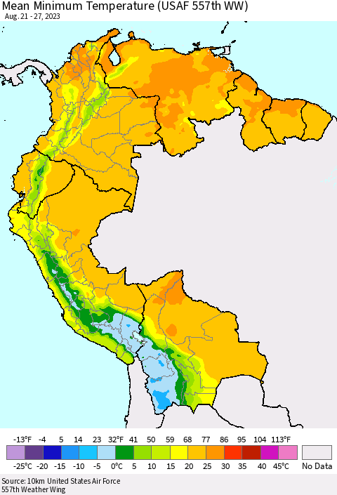 Northern South America Mean Minimum Temperature (USAF 557th WW) Thematic Map For 8/21/2023 - 8/27/2023