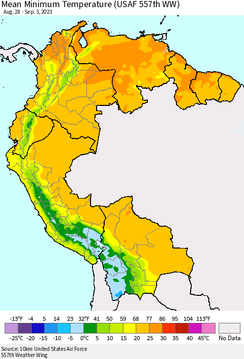 Northern South America Mean Minimum Temperature (USAF 557th WW) Thematic Map For 8/28/2023 - 9/3/2023