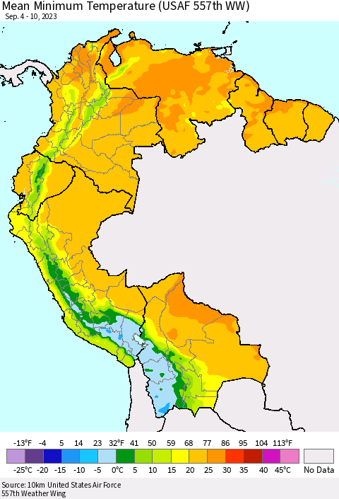 Northern South America Mean Minimum Temperature (USAF 557th WW) Thematic Map For 9/4/2023 - 9/10/2023