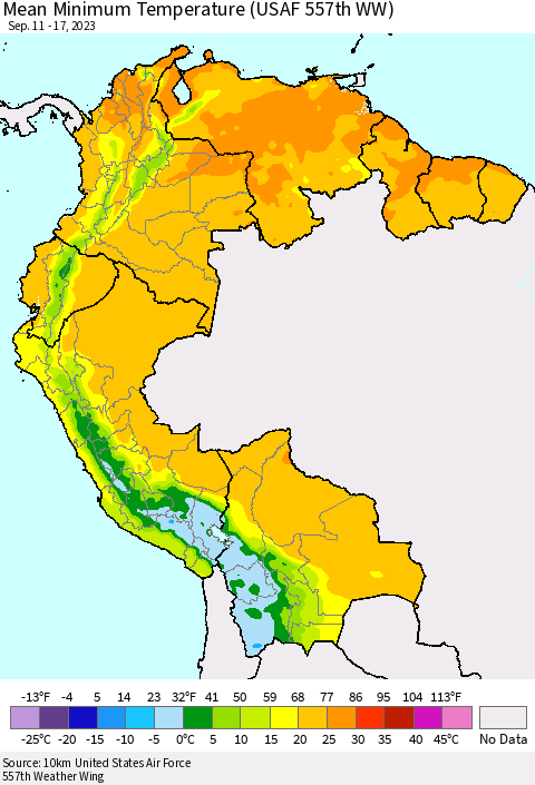 Northern South America Mean Minimum Temperature (USAF 557th WW) Thematic Map For 9/11/2023 - 9/17/2023