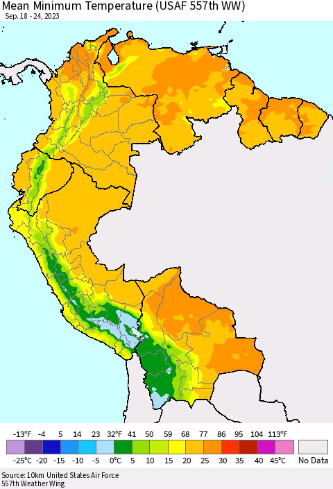 Northern South America Mean Minimum Temperature (USAF 557th WW) Thematic Map For 9/18/2023 - 9/24/2023