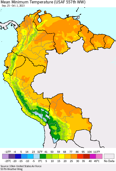 Northern South America Mean Minimum Temperature (USAF 557th WW) Thematic Map For 9/25/2023 - 10/1/2023