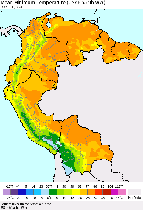 Northern South America Mean Minimum Temperature (USAF 557th WW) Thematic Map For 10/2/2023 - 10/8/2023