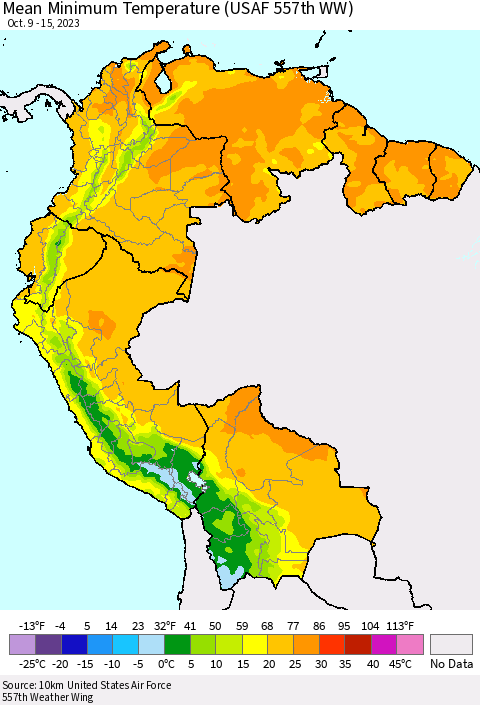 Northern South America Mean Minimum Temperature (USAF 557th WW) Thematic Map For 10/9/2023 - 10/15/2023