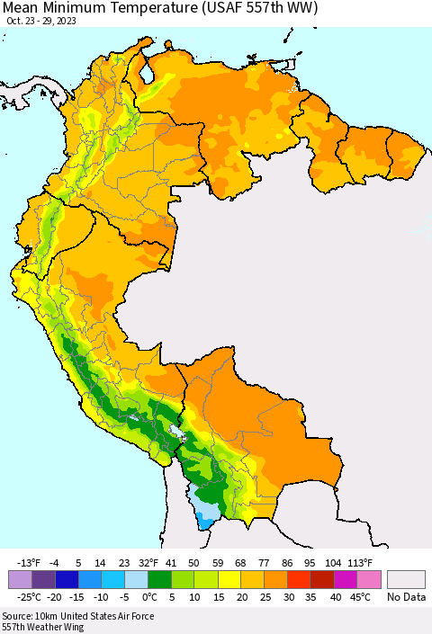 Northern South America Mean Minimum Temperature (USAF 557th WW) Thematic Map For 10/23/2023 - 10/29/2023