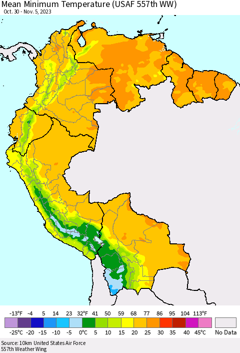 Northern South America Mean Minimum Temperature (USAF 557th WW) Thematic Map For 10/30/2023 - 11/5/2023