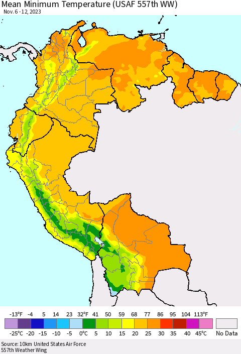 Northern South America Mean Minimum Temperature (USAF 557th WW) Thematic Map For 11/6/2023 - 11/12/2023