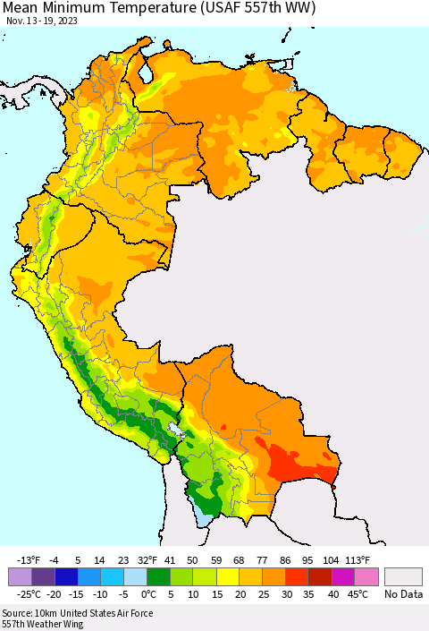 Northern South America Mean Minimum Temperature (USAF 557th WW) Thematic Map For 11/13/2023 - 11/19/2023