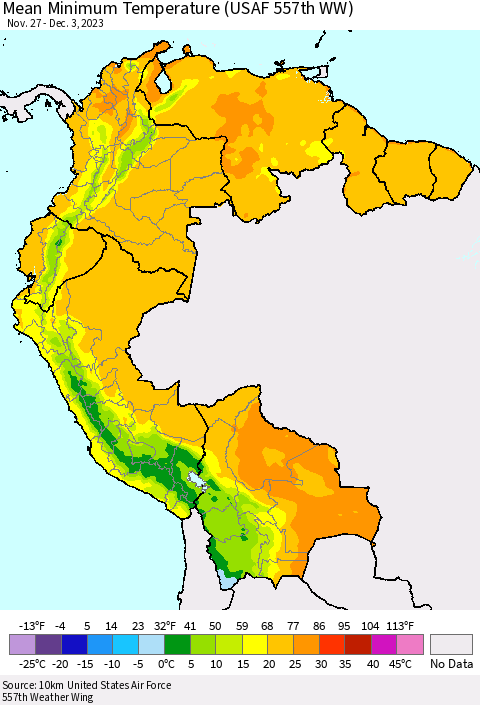 Northern South America Mean Minimum Temperature (USAF 557th WW) Thematic Map For 11/27/2023 - 12/3/2023