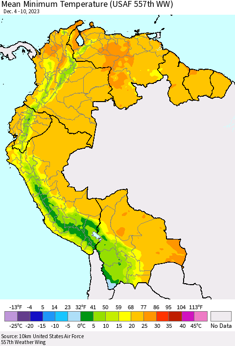 Northern South America Mean Minimum Temperature (USAF 557th WW) Thematic Map For 12/4/2023 - 12/10/2023